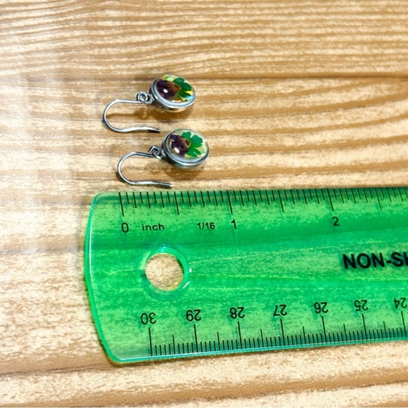 Vintage Sterling Silver 925 Preserved Flower Dangly Earrings - Picture 7 of 7